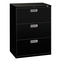HON 673LP 600 Series 30" x 19 1/4" x 40 7/8" Black Three-Drawer Metal Lateral File Cabinet - Legal/Letter
