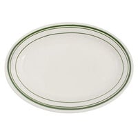Tuxton TGB-026 Green Bay 8 1/4" x 5 3/4" Eggshell Wide Rim Rolled Edge Oval China Platter with Green Bands - 36/Case