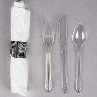 Hoffmaster 119973 CaterWrap 17 inch x 17 inch Pre-Rolled Damask Linen-Like White Napkin and Clear Heavy Weight Plastic Cutlery Set - 100/Case