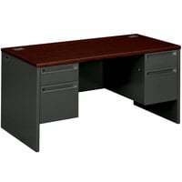 HON 38155NS 38000 Series 60" x 30" x 29 1/2" Mahogany / Charcoal Metal 3/4 Height Double Pedestal Desk
