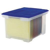 Storex 61508U01C Clear Plastic Letter / Legal File Storage Box with Snap-On Blue Lid - 18 1/2 inch x 14 1/4 inch x 10 7/8 inch