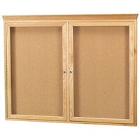 Aarco Enclosed Indoor Hinged Locking 2 Door Bulletin Board with Natural Oak Frame and Crown Molding