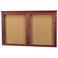 Aarco CBC3660RC 36 inch x 60 inch Enclosed Indoor Hinged Locking 2 Door Bulletin Board with Cherry Frame and Crown Molding