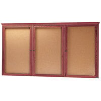 Aarco CBC3672RC 36 inch x 72 Enclosed Indoor Hinged Locking 3 Door Bulletin Board with Cherry Frame and Crown Molding