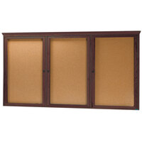 Aarco Enclosed Hinged Locking 3 Door Bulletin Board with Walnut Finish and Crown Molding