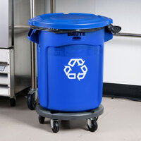 Rubbermaid BRUTE 20 Gallon Blue Round Recycling Can with Lid and Dolly