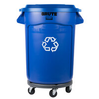 Rubbermaid BRUTE 32 Gallon Blue Round Recycling Can with Dolly and Recycling Lid with Hole