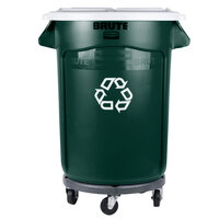 Rubbermaid BRUTE 32 Gallon Dark Green Round Recycling Can with White Lid and Dolly