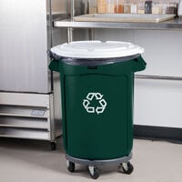 Rubbermaid BRUTE 32 Gallon Dark Green Round Recycling Can with White Lid and Dolly