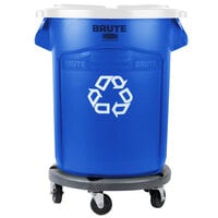 Rubbermaid BRUTE 20 Gallon Blue Round Recycling Can with White Lid and Dolly