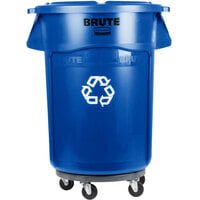 Rubbermaid BRUTE 44 Gallon Blue Round Recycling Can with Lid and Dolly