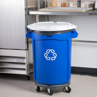 Rubbermaid BRUTE 32 Gallon Blue Round Recycling Can with White Lid and Dolly
