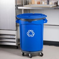 Rubbermaid BRUTE 32 Gallon Blue Round Recycling Can with Lid and Dolly