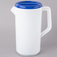Tablecraft 144W 2.5 Qt. White Polypropylene Plastic Pitcher with 3-Way Blue Sanitary Lid