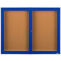 Aarco Enclosed Hinged Locking 2 Door Powder Coated Blue Finish Indoor Bulletin Board Cabinet