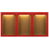 Aarco Enclosed Hinged Locking 3 Door Powder Coated Red Finish Indoor Lighted Bulletin Board Cabinet