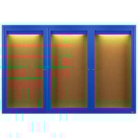 Aarco DCC4872-3RIB 48" x 72" Enclosed Hinged Locking 3 Door Powder Coated Blue Finish Indoor Lighted Bulletin Board Cabinet