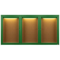 Aarco Enclosed Hinged Locking 3 Door Powder Coated Green Finish Indoor Lighted Bulletin Board Cabinet
