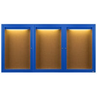 Aarco Enclosed Hinged Locking 3 Door Powder Coated Blue Finish Indoor Lighted Bulletin Board Cabinet