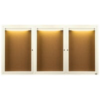 Aarco Enclosed Hinged Locking 3 Door Powder Coated Ivory Finish Indoor Lighted Bulletin Board Cabinet