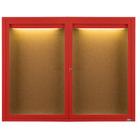 Aarco Enclosed Hinged Locking 2 Door Powder Coated Red Finish Indoor Lighted Bulletin Board Cabinet