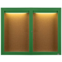 Aarco Enclosed Hinged Locking 2 Door Powder Coated Green Finish Indoor Lighted Bulletin Board Cabinet