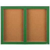 Aarco Enclosed Hinged Locking 2 Door Powder Coated Green Finish Indoor Bulletin Board Cabinet
