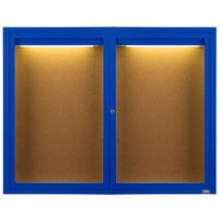 Aarco Enclosed Hinged Locking 2 Door Powder Coated Blue Finish Indoor Lighted Bulletin Board Cabinet