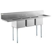 Regency 91 inch 16-Gauge Stainless Steel Three Compartment Commercial Sink with Galvanized Steel Legs and 2 Drainboards - 17 inch x 17 inch x 12 inch Bowls