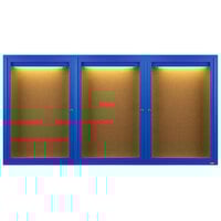 Aarco DCC4896-3RIB 48" x 96" Enclosed Hinged Locking 3 Door Powder Coated Blue Finish Indoor Lighted Bulletin Board Cabinet