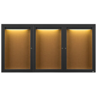 Aarco Enclosed Hinged Locking 3 Door Powder Coated Black Finish Indoor Lighted Bulletin Board Cabinet