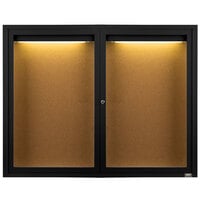 Aarco Enclosed Hinged Locking 2 Door Powder Coated Black Finish Indoor Lighted Bulletin Board Cabinet