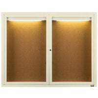 Aarco Enclosed Hinged Locking 2 Door Powder Coated Ivory Finish Indoor Lighted Bulletin Board Cabinet