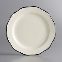 Choice 7 3/8 inch Ivory (American White) Scalloped Edge Stoneware Plate with Black Band - 36/Case