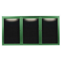 Aarco Enclosed Hinged Locking 3 Door Powder Coated Green Aluminum Indoor Lighted Message Center with Black Letter Board