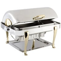 Bon Chef 19040 Elite Rectangle 8 Qt. Dripless Stainless Steel with Brass Accents Roll Top Chafer with Roman Legs