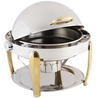 Bon Chef 10001 Manhattan 8 Qt. Round Stainless Steel with Brass Accents Roll Top Chafer with Vented Lid