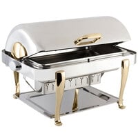 Bon Chef 19040G Elite Rectangle 8 Qt. Dripless Stainless Steel with Gold Accents Roll Top Chafer with Roman Legs