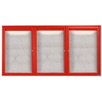 Aarco Enclosed Hinged Locking 3 Door Powder Coated Red Outdoor Lighted Bulletin Board Cabinet