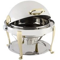 Bon Chef 19000 Elite Round 8 Qt. Dripless Round Stainless Steel with Brass Accents Roll Top Chafer with Roman Legs