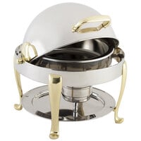 Bon Chef 19014 Petite 3 Qt. Dripless Round Stainless Steel with Brass Accents Roll Top Chafer with Roman Legs