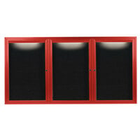 Aarco Enclosed Hinged Locking 3 Door Powder Coated Red Aluminum Indoor Lighted Message Center with Black Letter Board