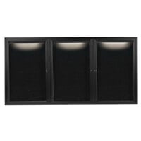 Aarco Enclosed Hinged Locking 3 Door Powder Coated Black Aluminum Indoor Lighted Message Center with Black Letter Board
