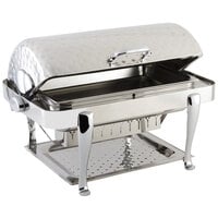 Bon Chef 19040CHH Elite Rectangle 8 Qt. Dripless Stainless Steel with Hammered Finish and Chrome Accents Roll Top Chafer with Roman Legs