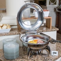 Acopa 6 Qt. Round Stainless Steel Induction / Traditional Dual-Purpose Chafer with Glass Top, Soft-Close Lid, and Stand with Fuel Holder