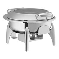 Acopa Voyage 6 Qt. Round Stainless Steel Induction / Traditional Dual-Purpose Chafer with Glass Top, Soft-Close Lid, and Stand with Fuel Holder