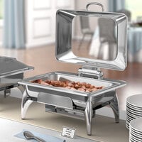 Acopa Voyage 8 Qt. Full Size Stainless Steel Induction / Traditional Dual-Purpose Chafer with Glass Top, Soft-Close Lid, and Stand with Fuel Holders