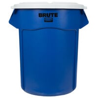 Rubbermaid BRUTE 55 Gallon Blue Round Recycle / Trash Can and White Lid