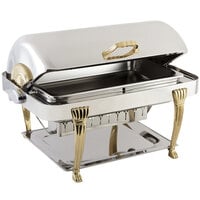 Bon Chef 12040 Elite Rectangle 8 Qt. Dripless Stainless Steel with Brass Accents Roll Top Chafer with Aurora Legs