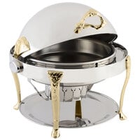 Bon Chef 17000G Elite Round 8 Qt. Dripless Round Stainless Steel with Gold Accents Roll Top Chafer with Renaissance Legs